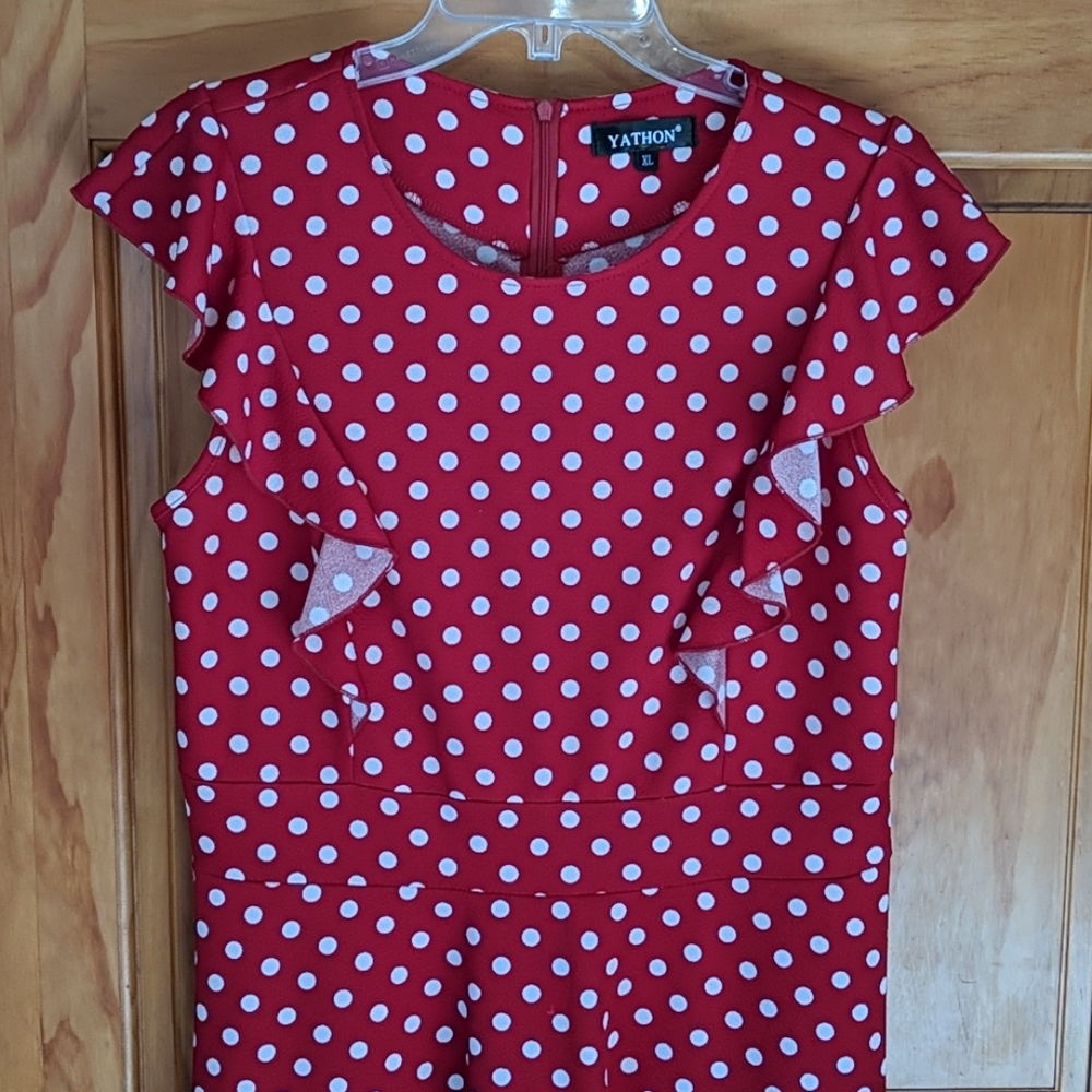 Yathon red and white polka dot dress